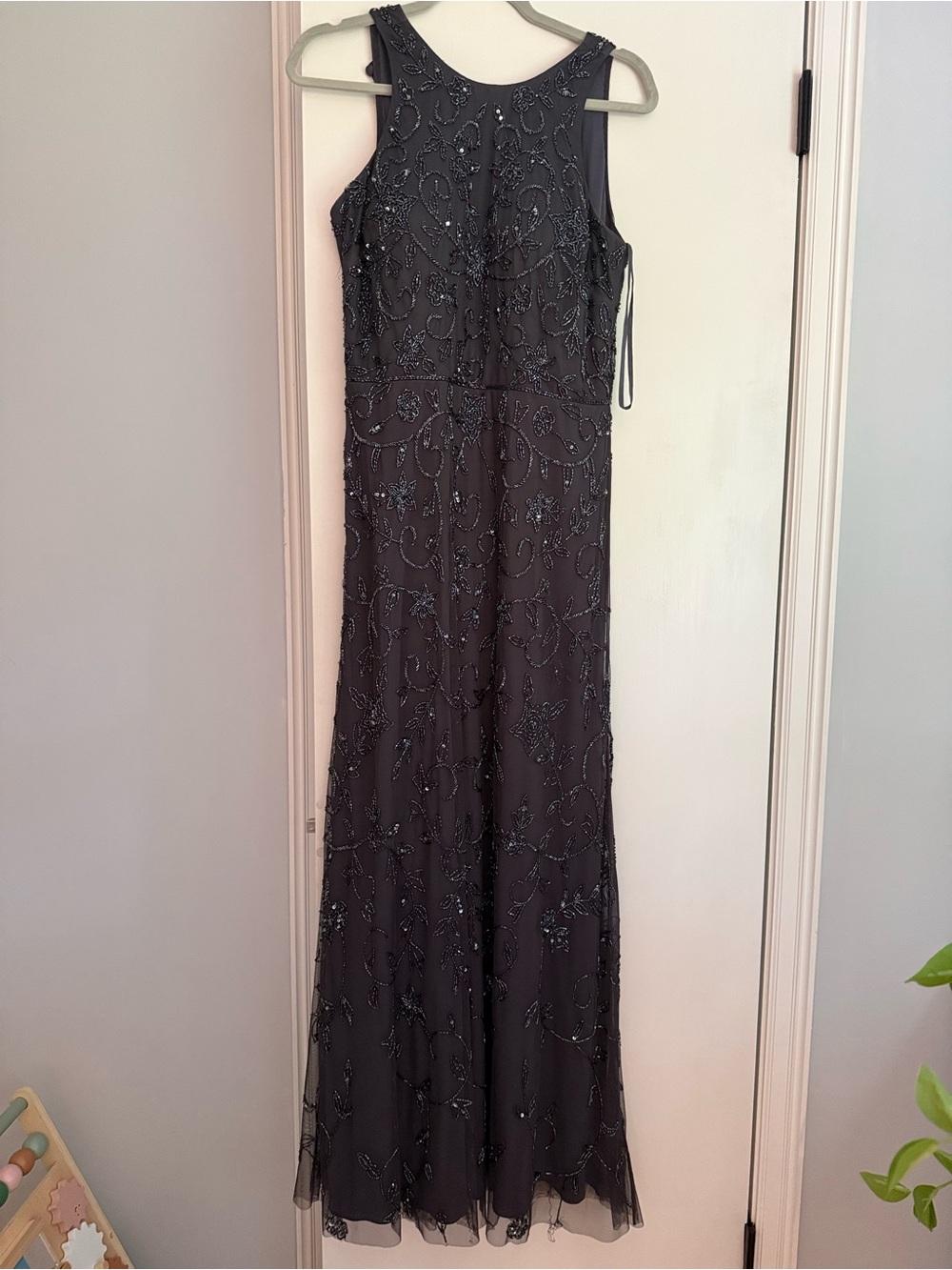 Adrianna Papell Gunmetal Beaded Maxi Dress